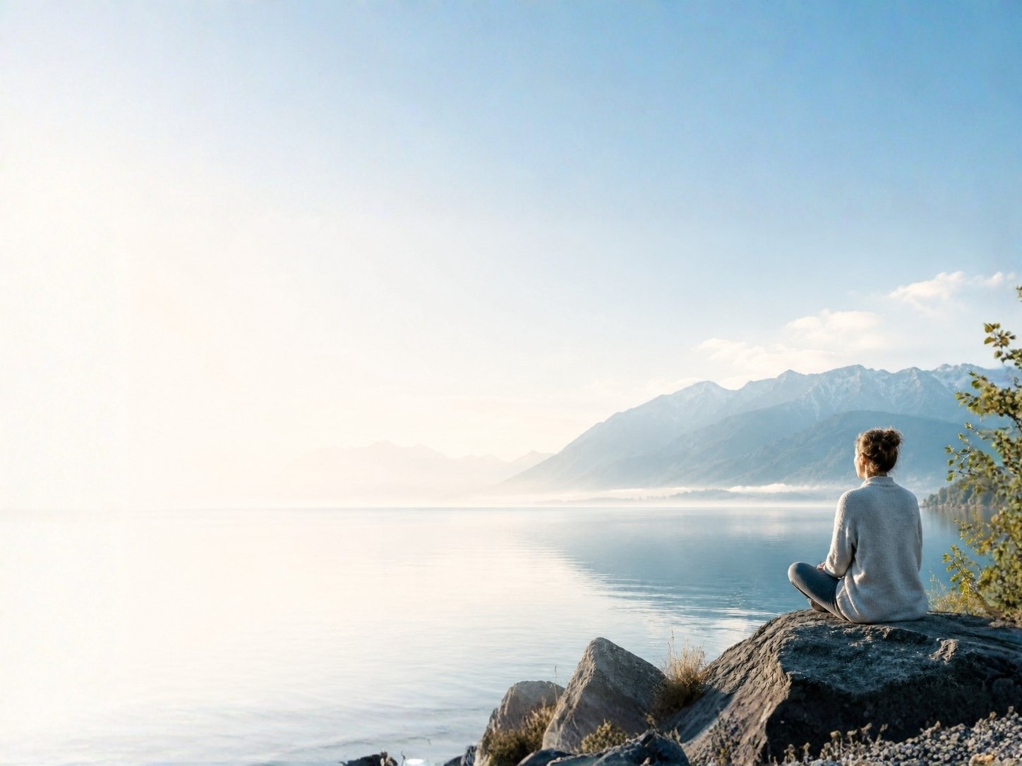 A woman sitting peacefully beside calm blue water with mountains and birds in soft morning light